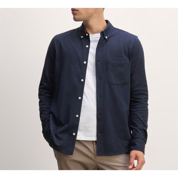 EVERLANE $88 Men's Long Sleeve Pique Shirt Collared Button Front navy blue Lg - Picture 1 of 6
